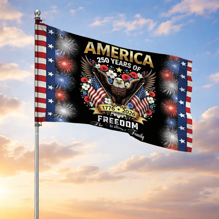 Personalized Family Name America 250 Years of Freedom Eagle With Firework House Flag