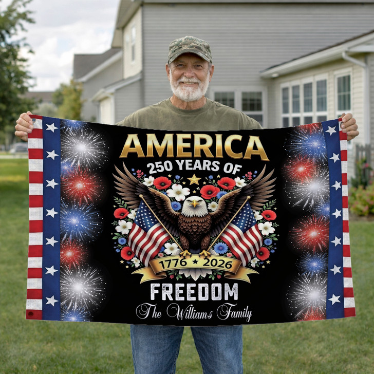 Personalized Family Name America 250 Years of Freedom Eagle With Firework House Flag