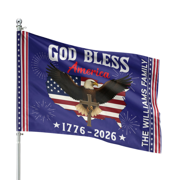 Customized Family Name God Bless America 1776-2026 Eagle Cross House Flag