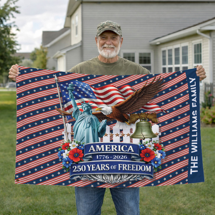 Customized Family Name America 250 Years of Freedom Liberty Eagle House Flag