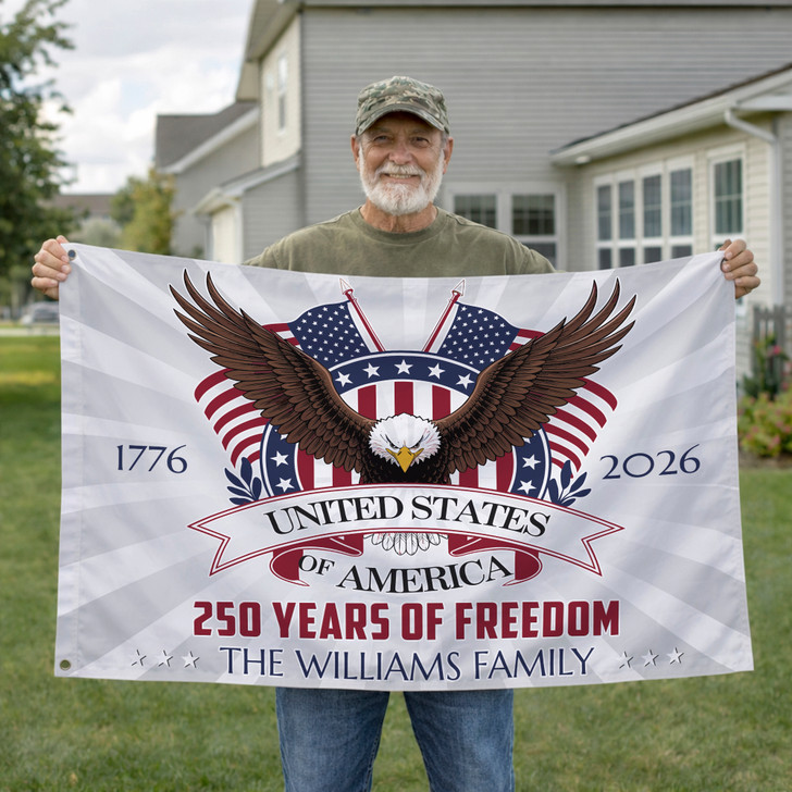 Personalized Family Name United States 250 Years of Freedom Majestic Eagle House Flag