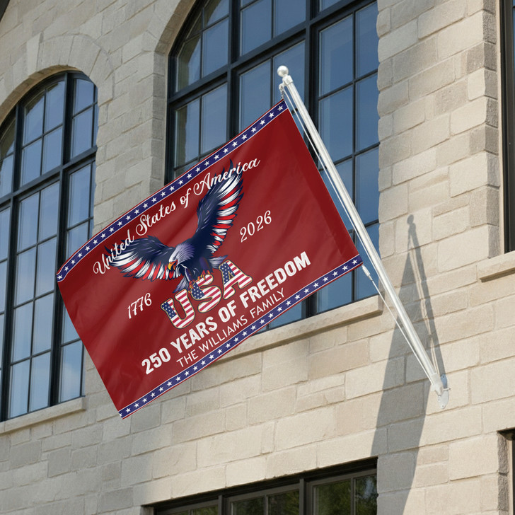 Personalized Family Name Elegant Deep Red USA 250 Years of Freedom House Flag