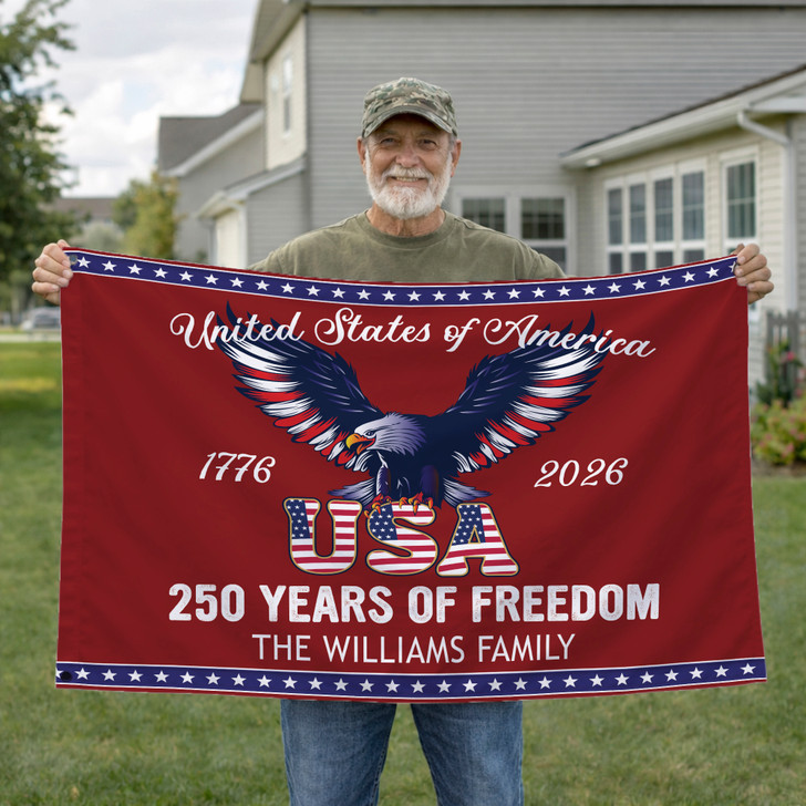 Personalized Family Name Elegant Deep Red USA 250 Years of Freedom House Flag