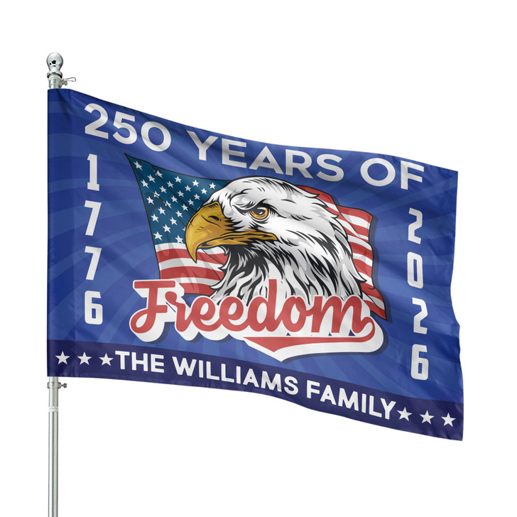 Personalized Family Name Blue Liberty 250 Years of Freedom Typography House Flag