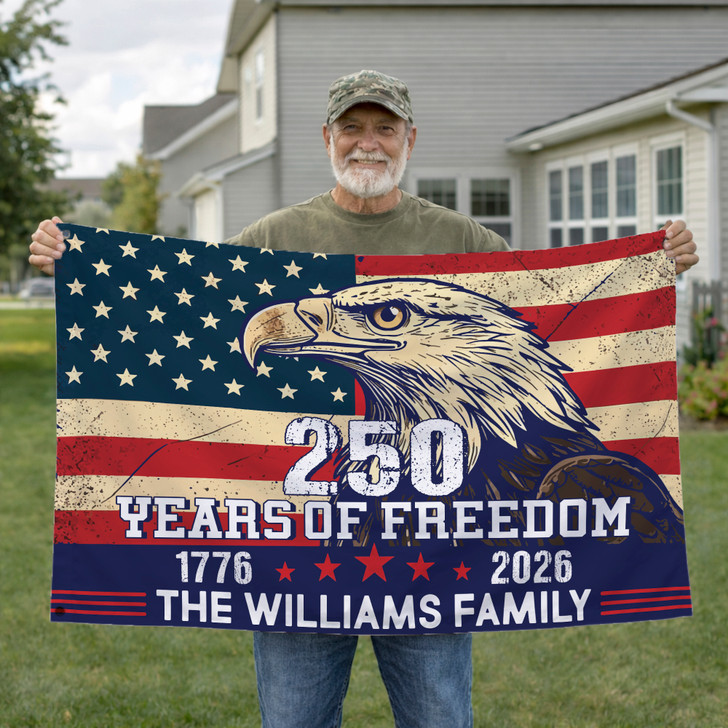 Customized Family Name Vintage Patriotic 250 Years of Freedom Rustic House Flag