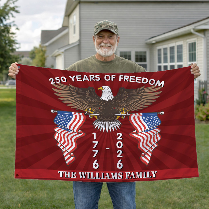 Customized Family Name Red Sunburst 250 Years of Freedom Double Flag House Flag