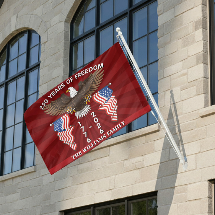 Customized Family Name Red Sunburst 250 Years of Freedom Double Flag House Flag