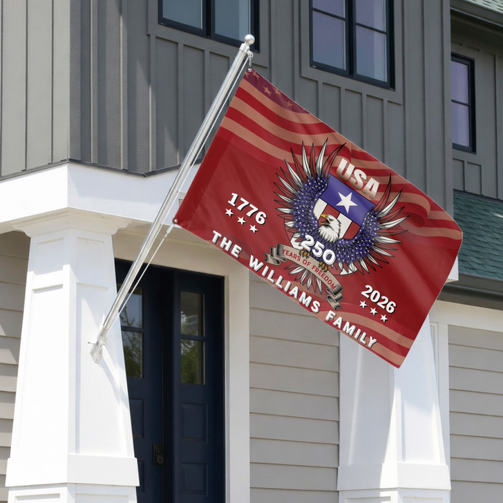 Personalized Family Name America 250th Anniversary Emblem Bold Red House Flag
