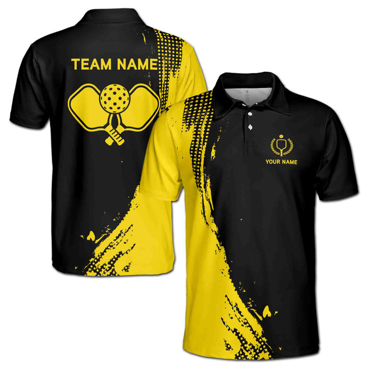 Customized Name and Team Black and Yellow Pickleball Paddle Men's Polo Shirt S-5XL