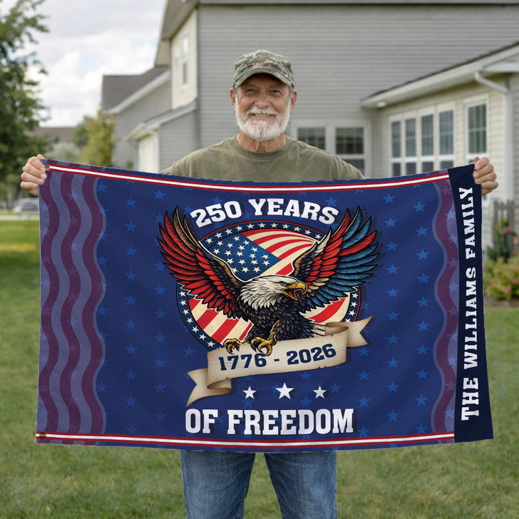 Personalized Family Name 250 Years of Freedom Wavy Patriotic Eagle House Flag