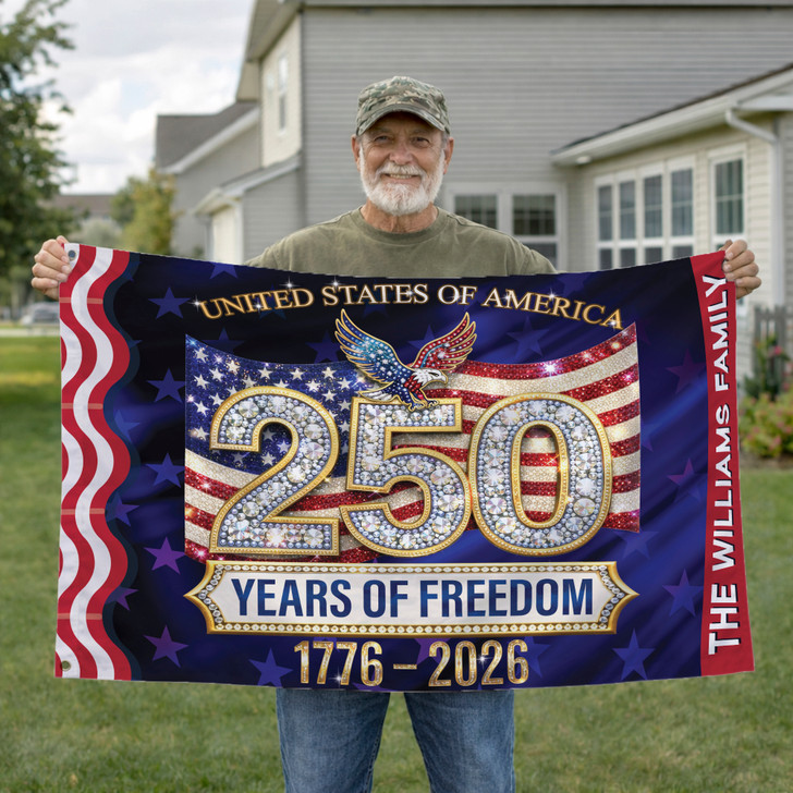 Customized Family Name 250 Years of Freedom Diamond Sparkle Pattern House Flag