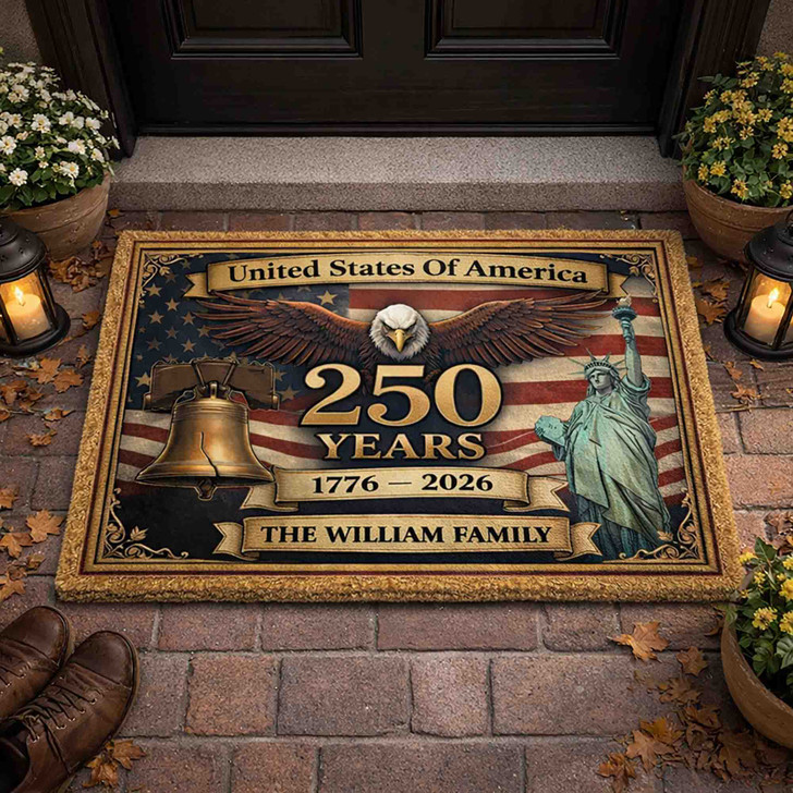 America 250th Anniversary Custom Name Doormat Liberty Bell Statue Patriotic Rug