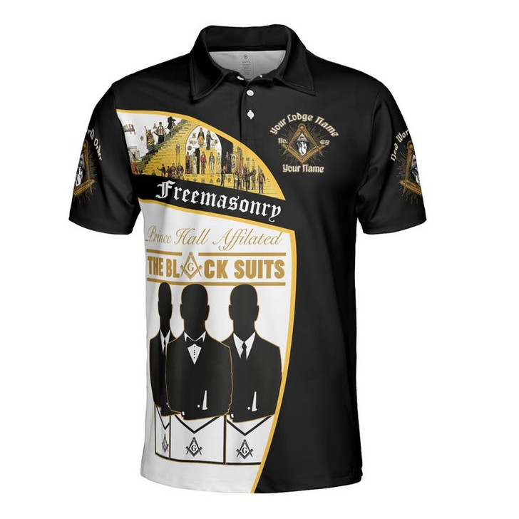 Personalized Lodge Name Freemasonry 2B1 ASK1 Prince Hall Affilated The Black Suits 3D Men's Polo Shirt S-5XL