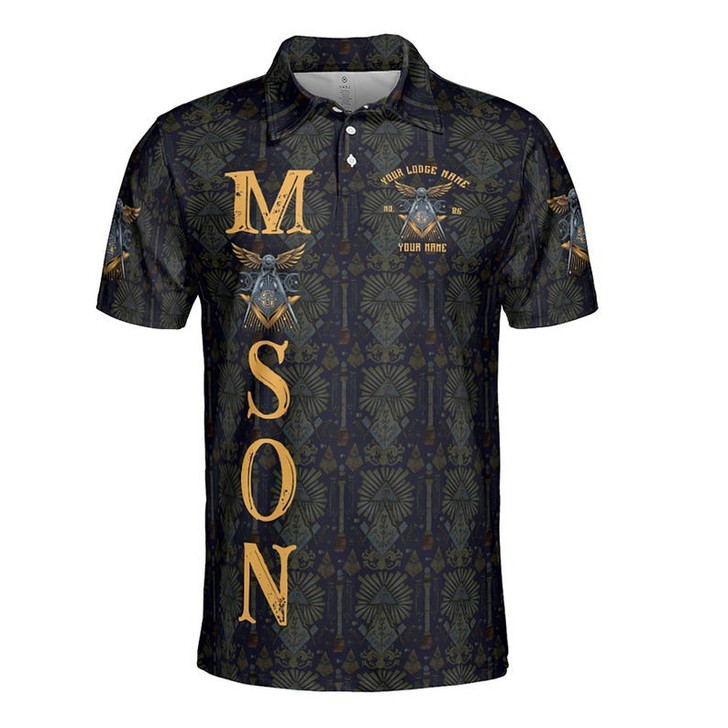 Customize Name, Lodge Name Masonic Pattern Seamless Freemason 3D Men's Polo Shirt S-5XL