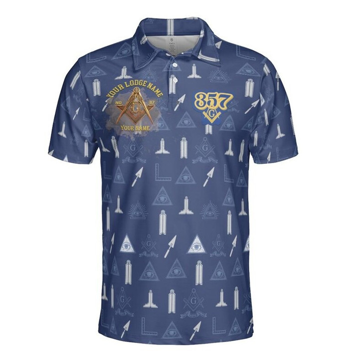 Custom Lodge Emblem Seamless Square and Compasses Blue Freemason 3D Men's Polo Shirt S-5XL