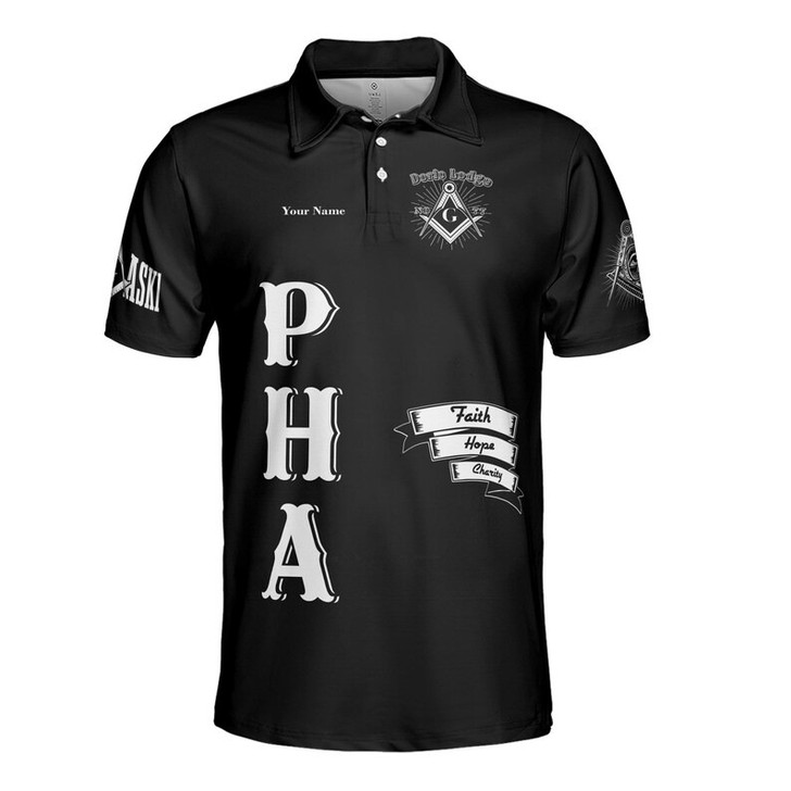 Personalized Lodge Name Faith Hope Charity F&AM PHA Black and White Freemasonry 3D Men's Polo Shirt S-5XL