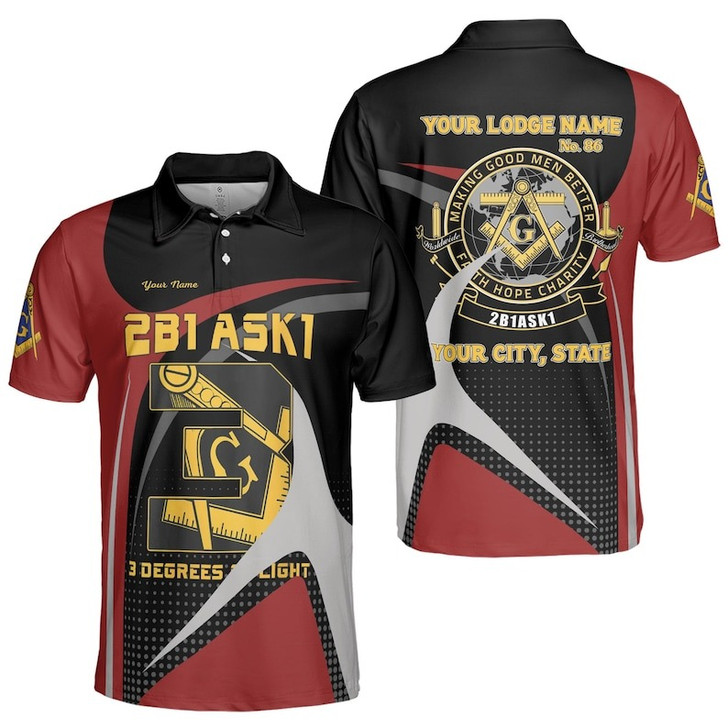 Personalized Lodge Name Making Good Men Better 2B1Ask1 3 Degrees Of Light Freemasonry 3D Men's Polo Shirt S-5XL