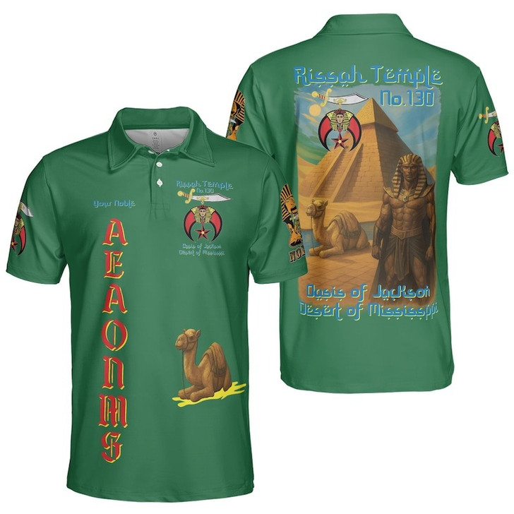 Custom Temple Name Nobles Mystic Shrine AEAONMS Pyramid and Camel Freemasonry 3D Men's Polo Shirt S-5XL
