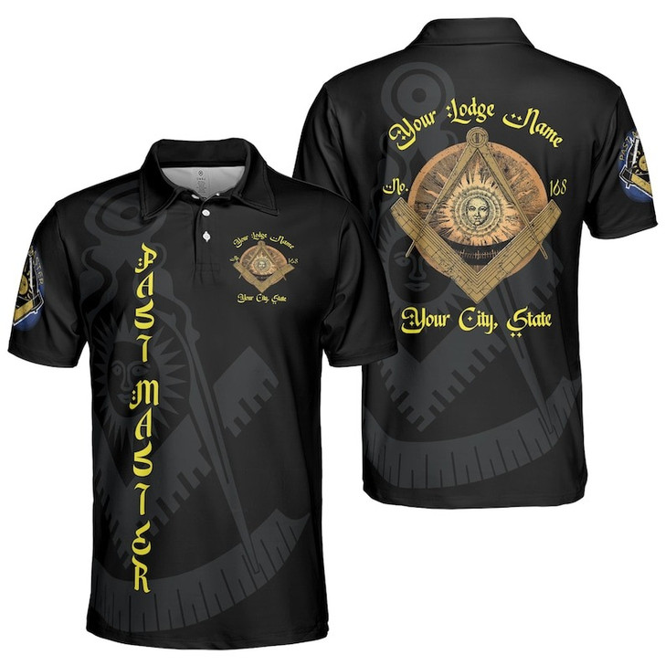 Custom Lodge Name Number Masonic Past Master Sun Freemasonry 3D Men's Polo Shirt S-5XL