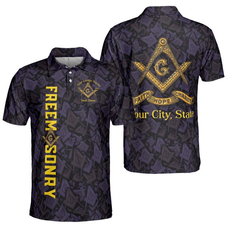 Customize Name Lodge Name Masonic Letter G Faith Hope Charity Pattern Seamless Freemasonry 3D Men's Polo Shirt S-5XL