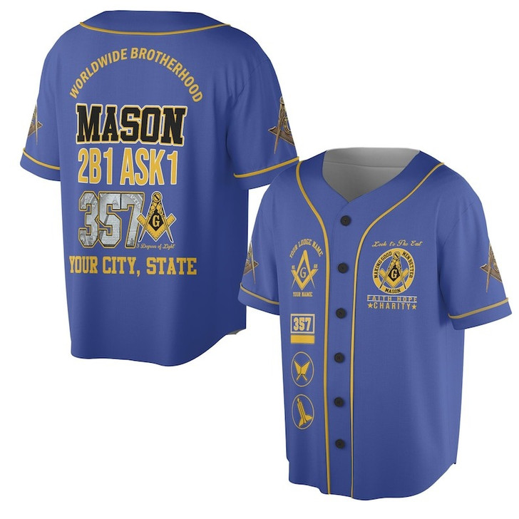 Custom Freemason Worldwide Brotherhood Mason 2B1 Ask1 357 3D Baseball Jersey Shirt Size S-5XL