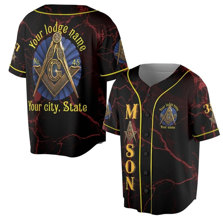 Customize Lodge Name and Number Freemasonry Masonic Symbol Marble Black Gold 3D Baseball Jersey Shirt Size S-5XL