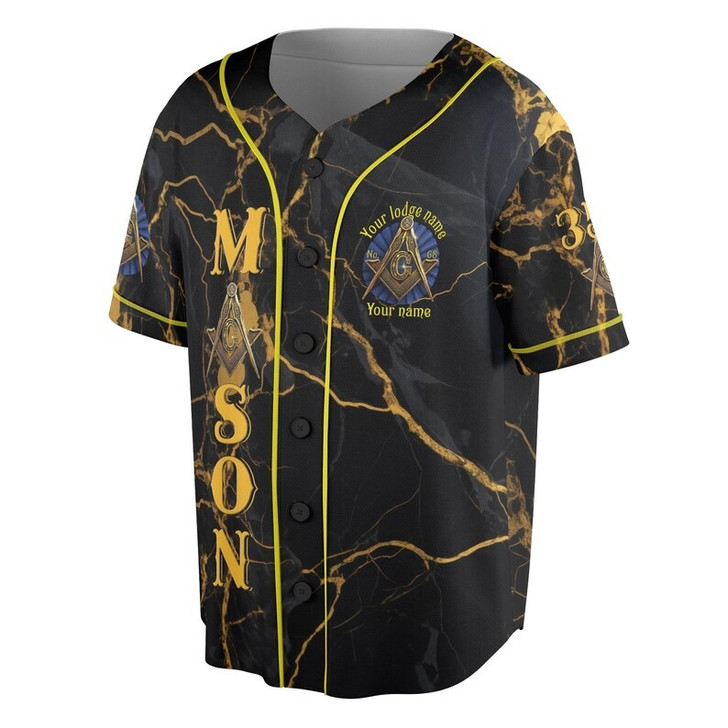 Customize Lodge Name and Number Freemasonry Masonic Symbol Marble Black Gold 3D Baseball Jersey Shirt Size S-5XL