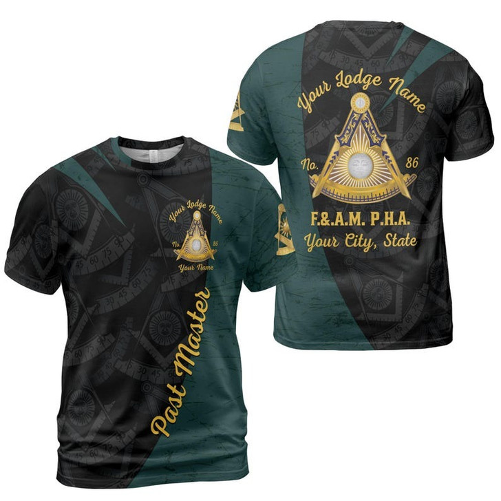 Personalized Name Past Master Emblem Square Compass F&AM PHA Freemason 3D T-shirt Size S-5XL