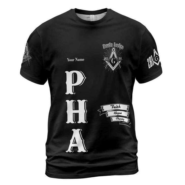Personalized Lodge Name Faith Hope Charity F&AM PHA Black and White Freemasonry 3D T-shirt Size S-5XL