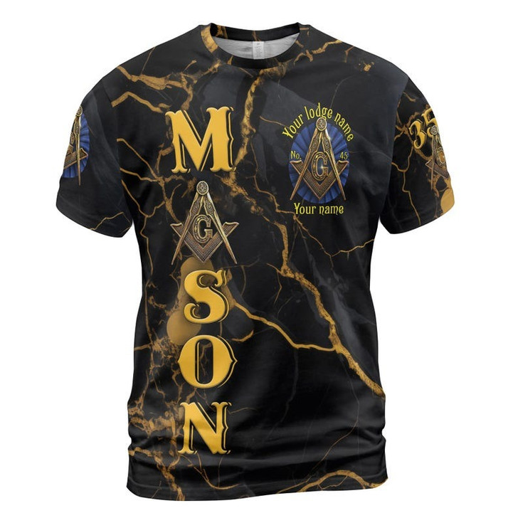 Customize Lodge Name and Number Freemasonry Masonic Symbol Marble Black Gold 3D T-shirt Size S-5XL
