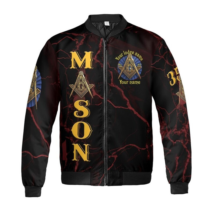 Customize Lodge Name and Number Freemasonry Masonic Symbol Marble Black Gold 3D Bomber Jacket Size S-5XL