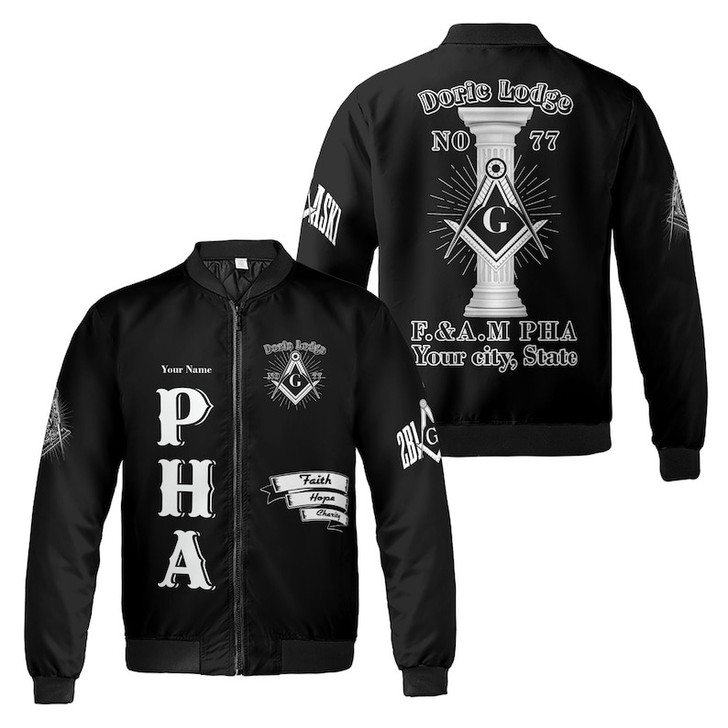 Personalized Lodge Name Faith Hope Charity F&AM PHA Black and White Freemasonry 3D Bomber Jacket Size S-5XL