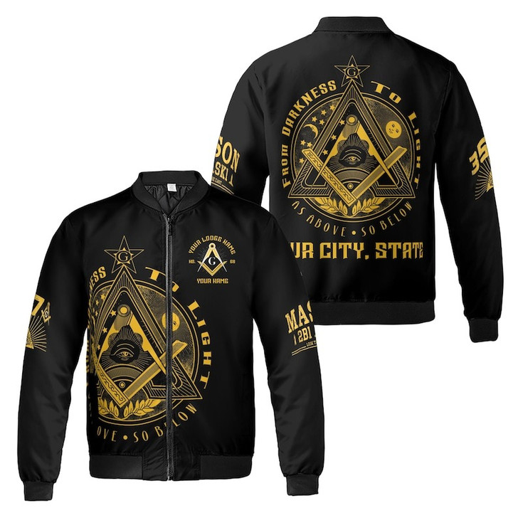 Custom Lodge Name Freemason From Darkness To Light 2B1 ASk1 3D Bomber Jacket Size S-5XL