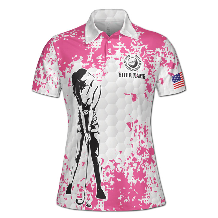 Pink White Lady Golfer Custom Name Women's Polo Shirt S-5XL
