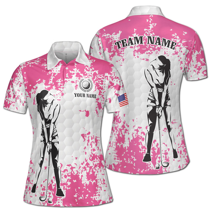 Pink White Lady Golfer Custom Name Women's Polo Shirt S-5XL