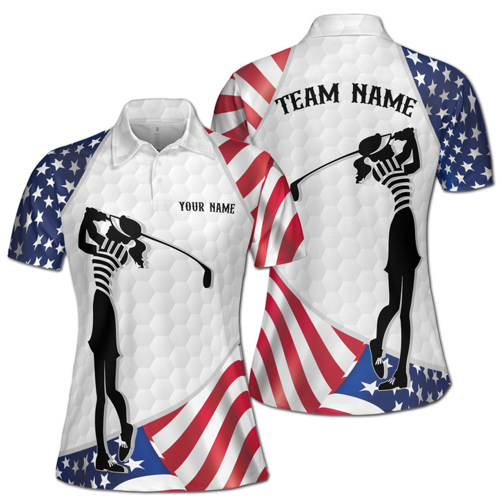 American Flag Lady Golfer Team Custom Name Women's Polo Shirt S-5XL