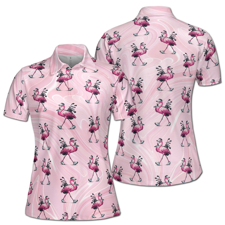 Pink Flamingo Golf Lover Pattern Custom Name Women's Polo Shirt S-5XL