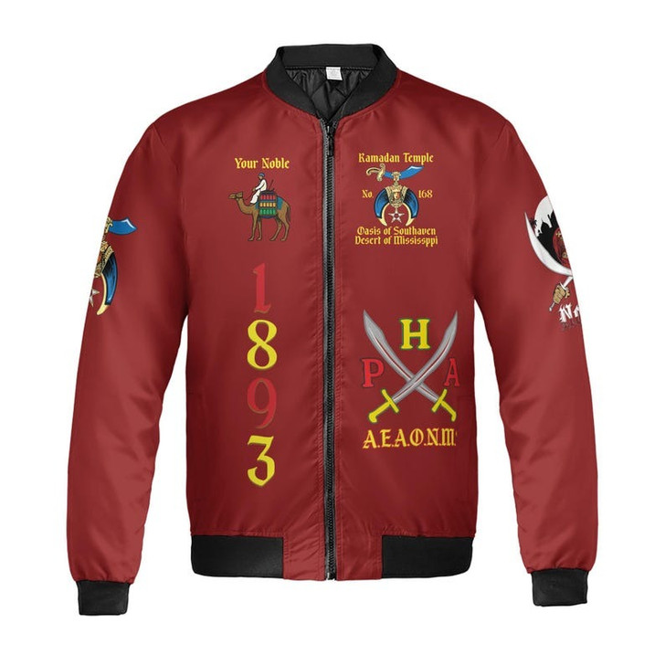 Custom Temple Name Nobles Mystic Shrine AEAONMS Kaaba Guardian PHA Freemasonry 3D Bomber Jacket Size S-5XL