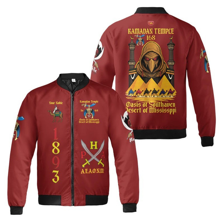 Custom Temple Name Nobles Mystic Shrine AEAONMS Kaaba Guardian PHA Freemasonry 3D Bomber Jacket Size S-5XL