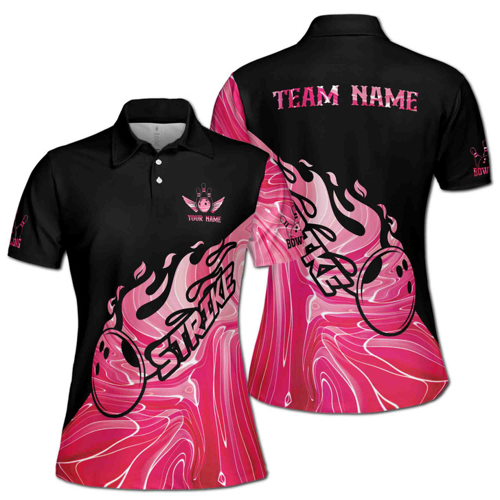 Pink Black Strike Bowling Player Team Custom Name Women's Polo Shirt S-5XL