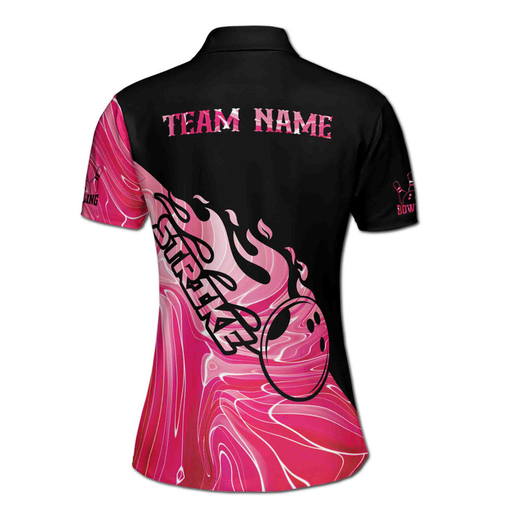 Pink Black Strike Bowling Player Team Custom Name Women's Polo Shirt S-5XL