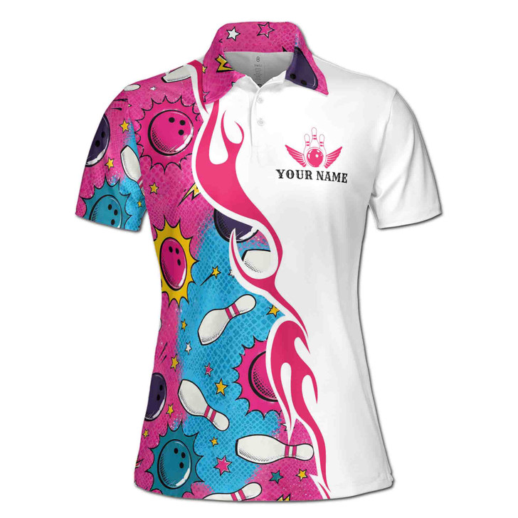 Pink Blue Comic Bowling Team Custom Name Women's Polo Shirt S-5XL
