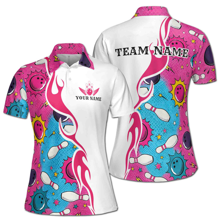 Pink Blue Comic Bowling Team Custom Name Women's Polo Shirt S-5XL
