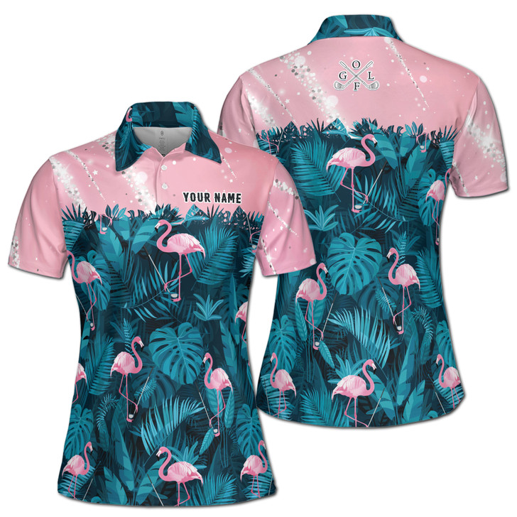 Pink Tropical Flamingo Golf Lover Custom Name Women's Polo Shirt S-5XL