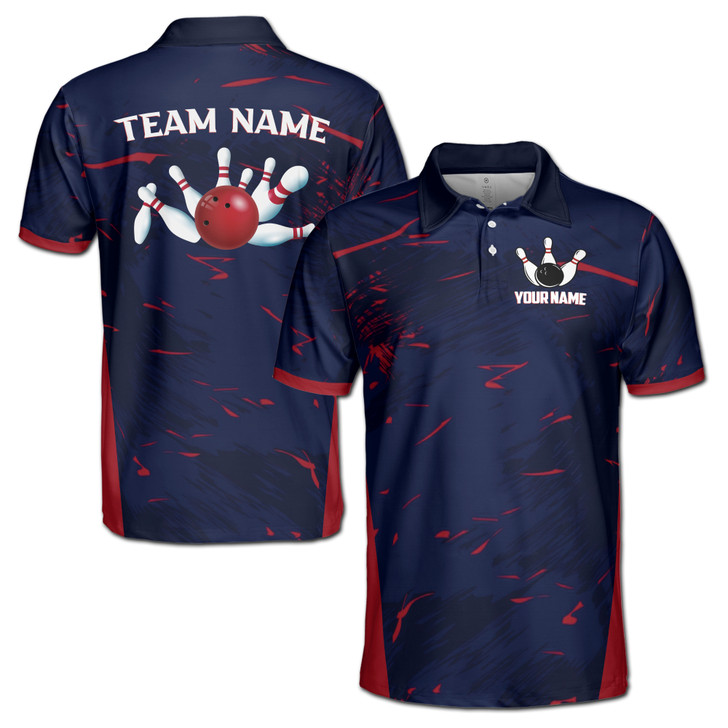 Custom Name and Team Blue Red Bowling Player Jersey Men's Polo Shirt S-5XL