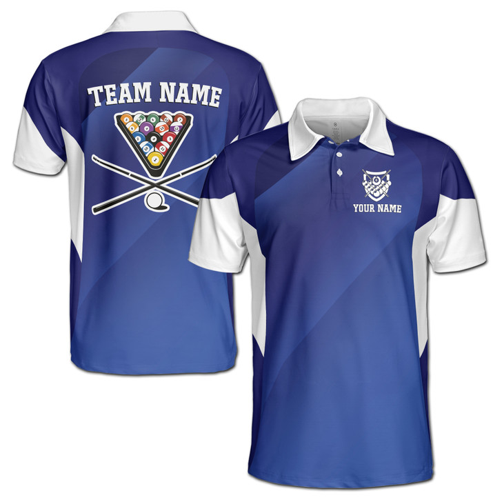 Personalized Name and Team Blue Billiards Player Jersey Men's Polo Shirt S-5XL