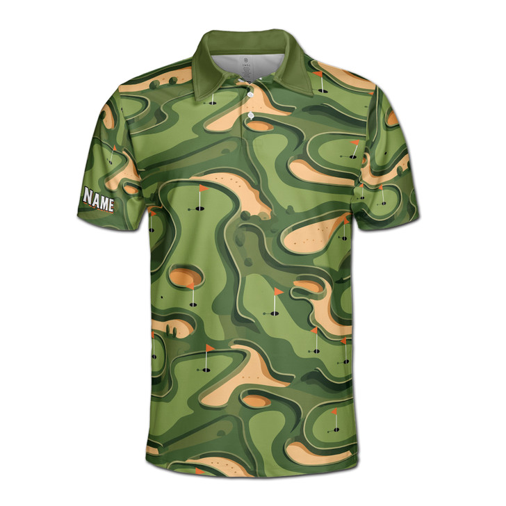 Personalized Name Green Golf Course Map Pattern Men's Polo Shirt S-5XL