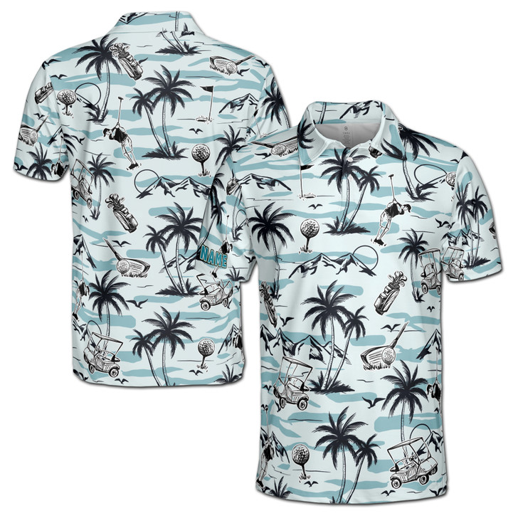 Personalized Name Light Blue Tropical Golf Pattern Men's Polo Shirt S-5XL