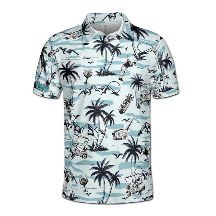 Personalized Name Light Blue Tropical Golf Pattern Men's Polo Shirt S-5XL