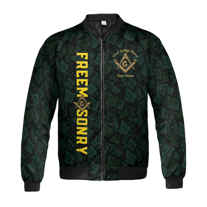Customize Name Lodge Name Masonic Letter G Faith Hope Charity Pattern Seamless Freemasonry 3D Bomber Jacket Size S-5XL